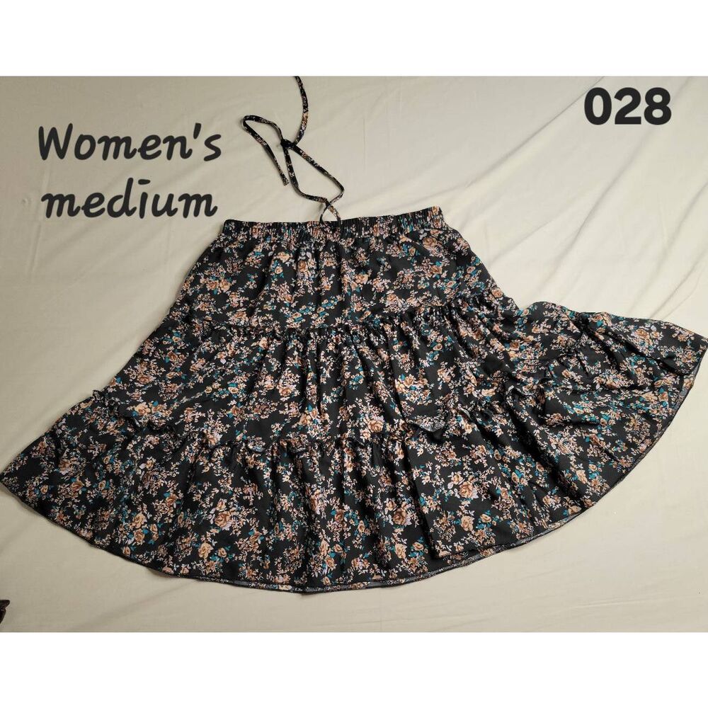 Boho cottage core floral country skirt flowers black gypsy medium women's clothi
